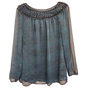 Coldwater Creek Womens Blouse XS Teal Printed Chiffon Lace Detail Casual Top